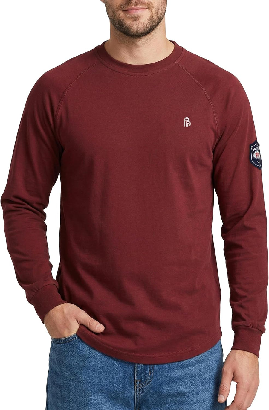 BOCOMAL Men's FR Shirts Crewneck 5.5oz Lightweight Cotton Work T Shirt CAT2 - Maroon