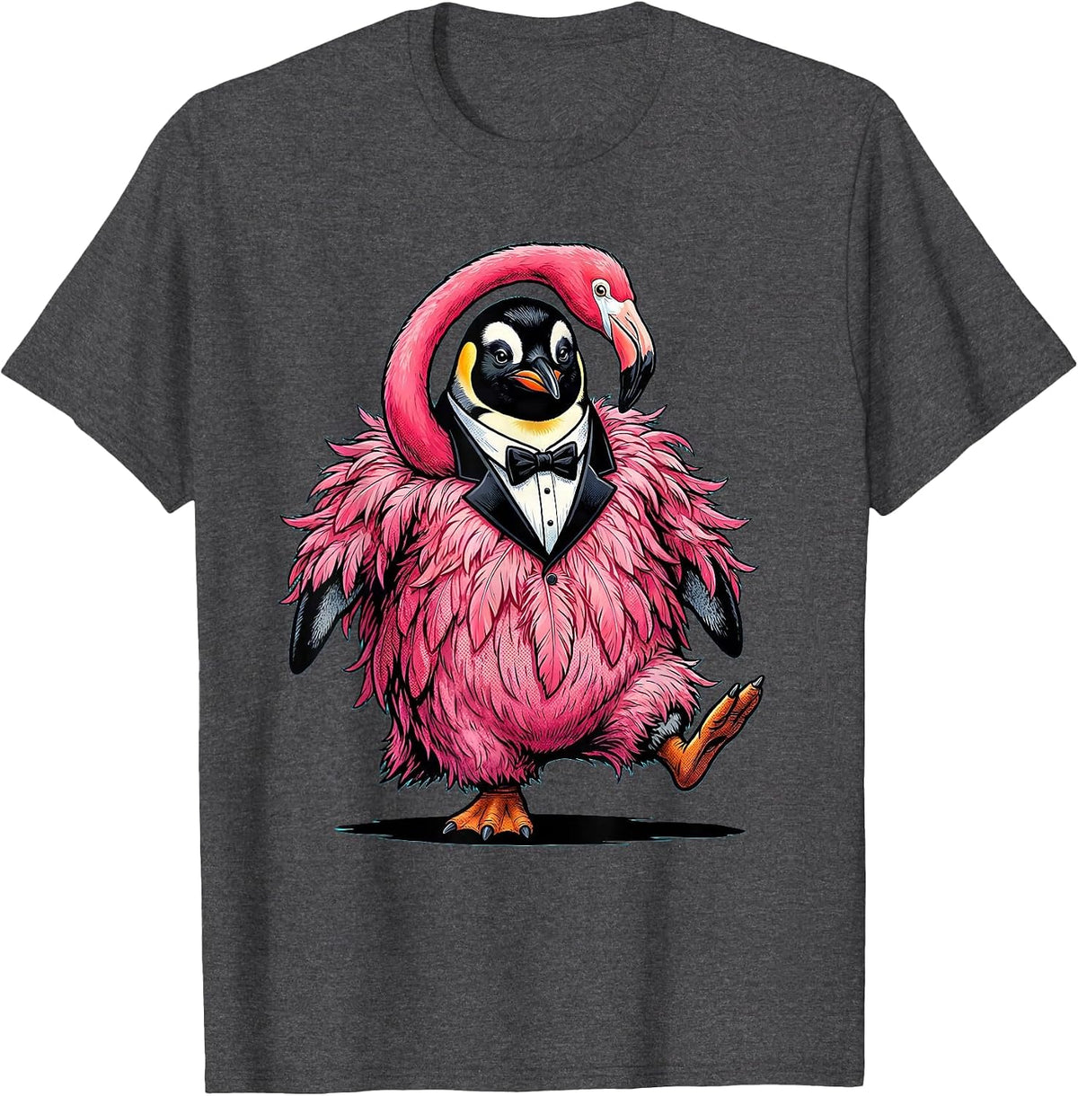 Men's Funny Penguin in Flamingo Costume Graphic T-Shirt - Dark Heather Grey