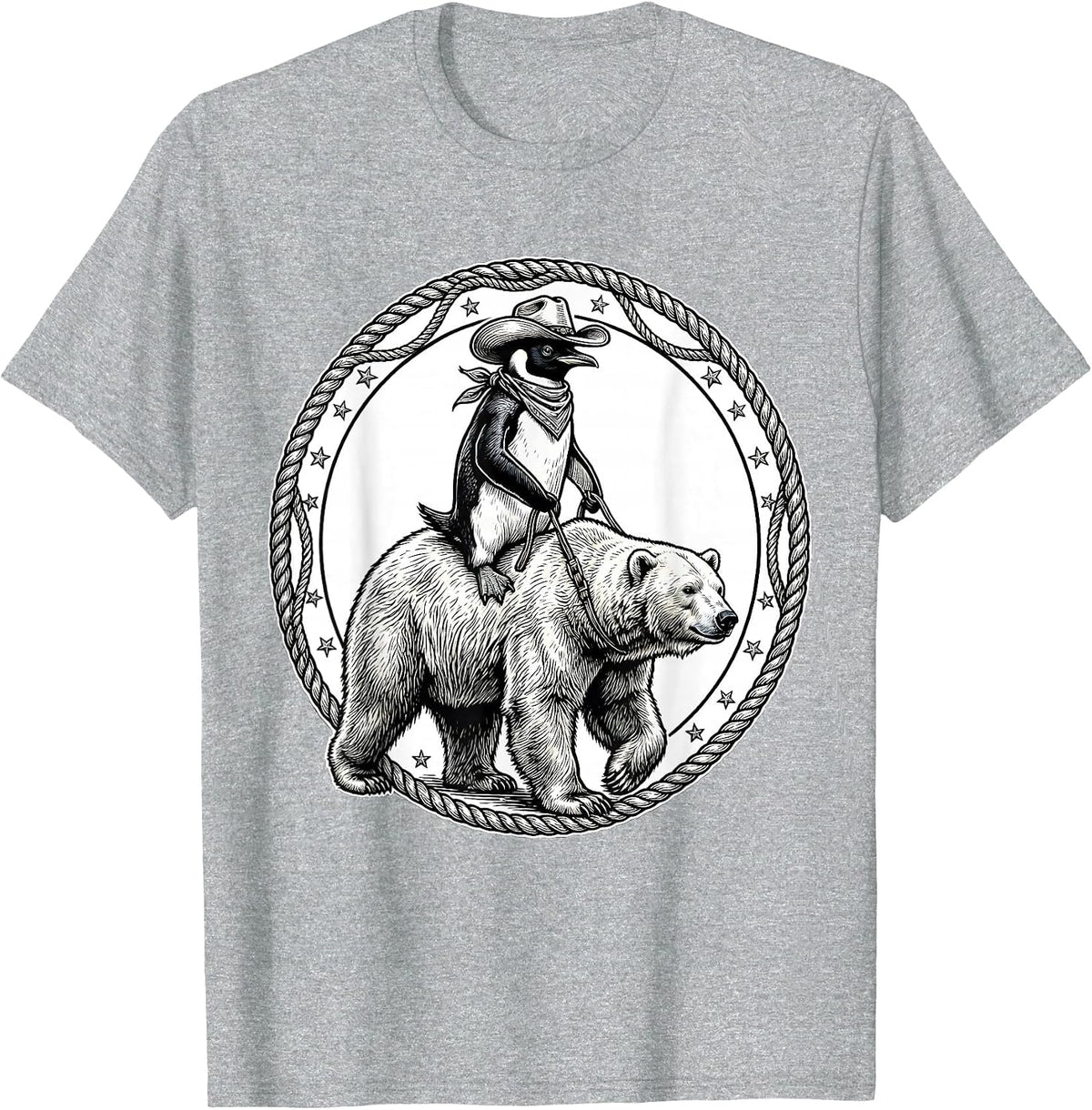 Men's Penguin Cowboy Riding Polar Bear Illustration T-Shirt - Heather Grey