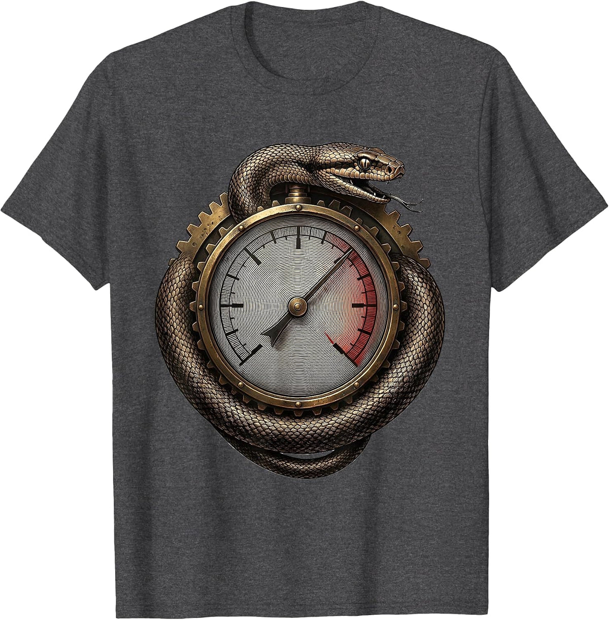 Steampunk Snake and Pressure Gauge Illustration T-Shirt - Dark Heather Grey