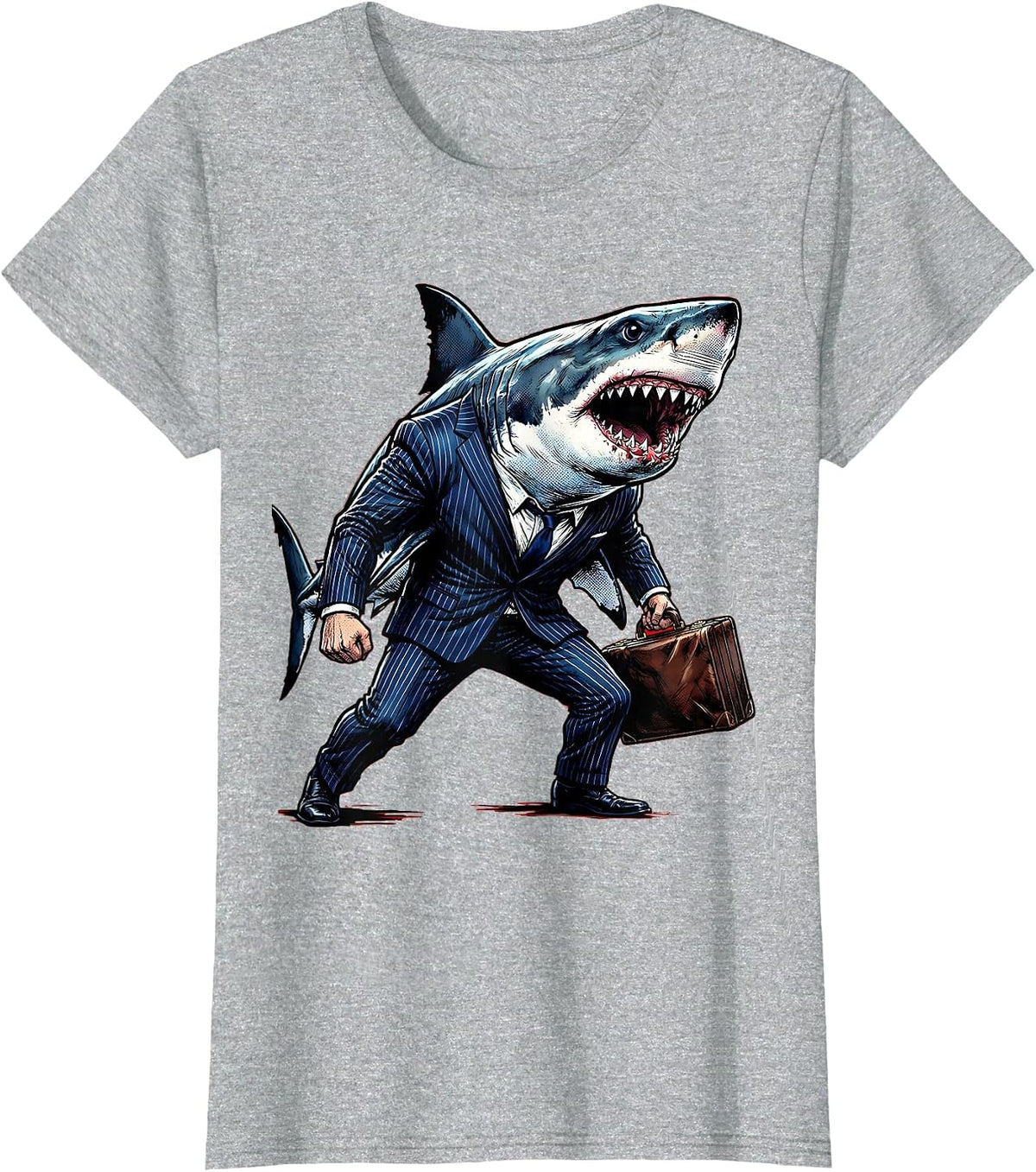 Shark in Business Suit Briefcase Funny Office T-Shirt - Heather Grey