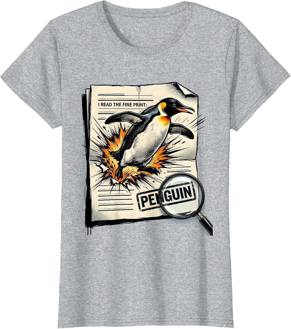 I Read The Fine Print: Penguin Funny Penguin Lover Comic T-Shirt - Heather Grey