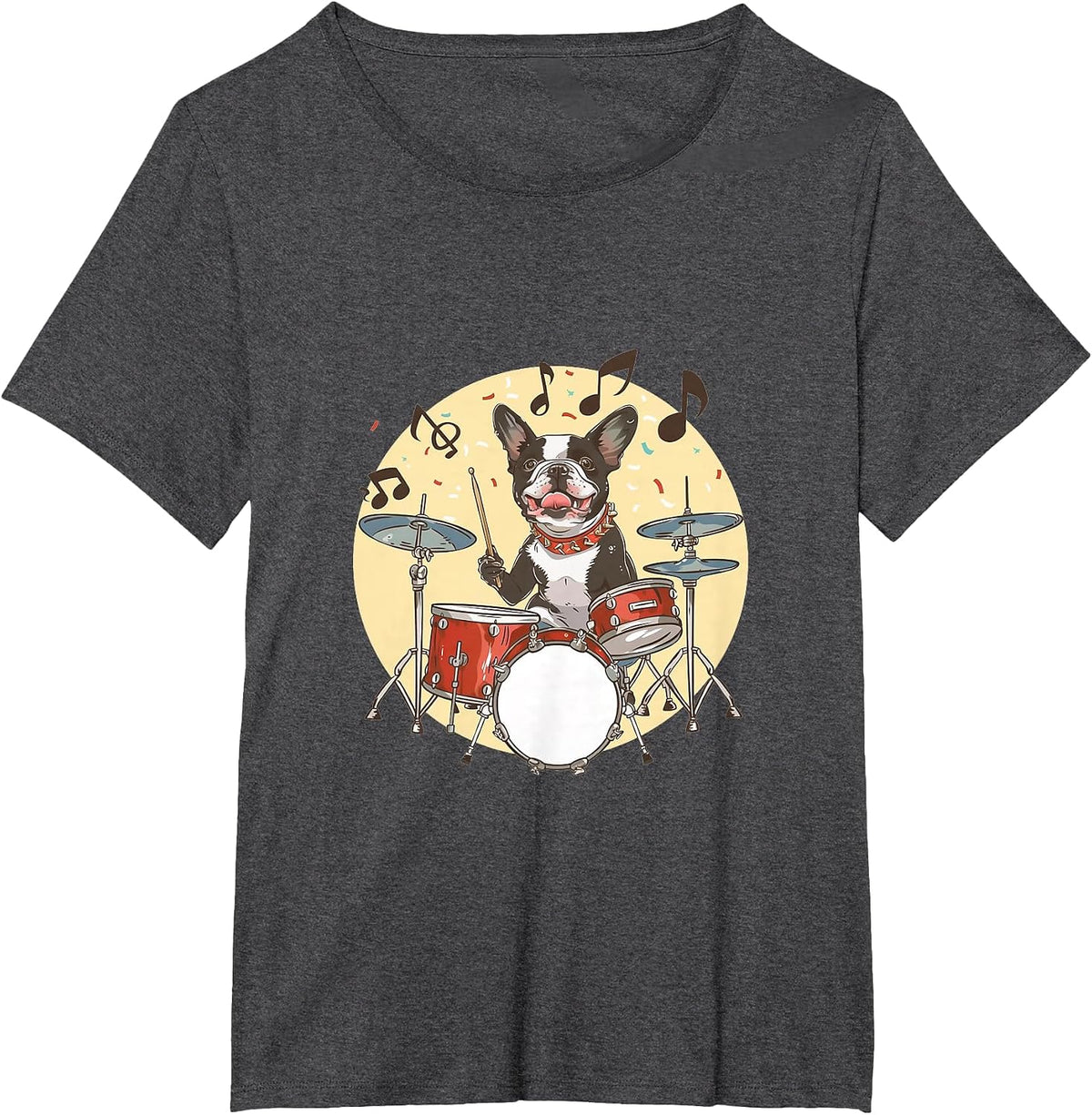 Boston Terrier Dog Playing The Drums Musician Dog Rock Band T-Shirt - Dark Heather Grey