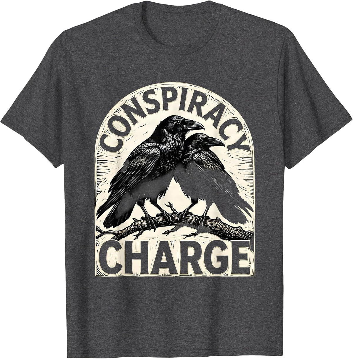 Conspiracy Charge Woodcut Engraving Crow Lover Literary T-Shirt - Dark Heather Grey