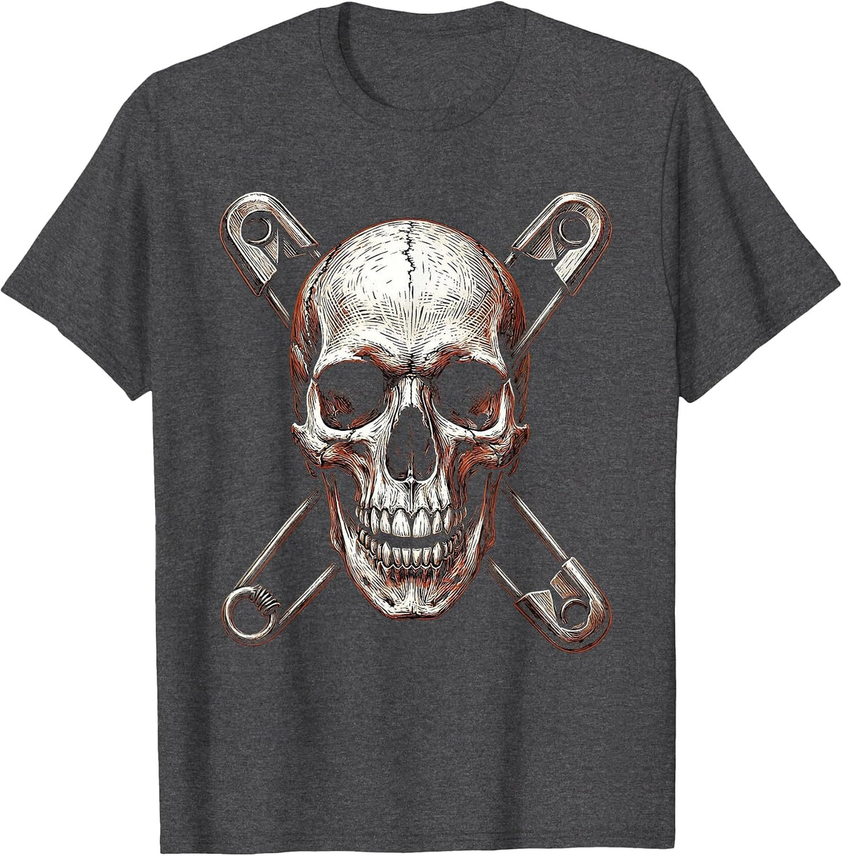 Crow Skull Crossed Safety Pins Punk Art T-Shirt - Dark Heather Grey