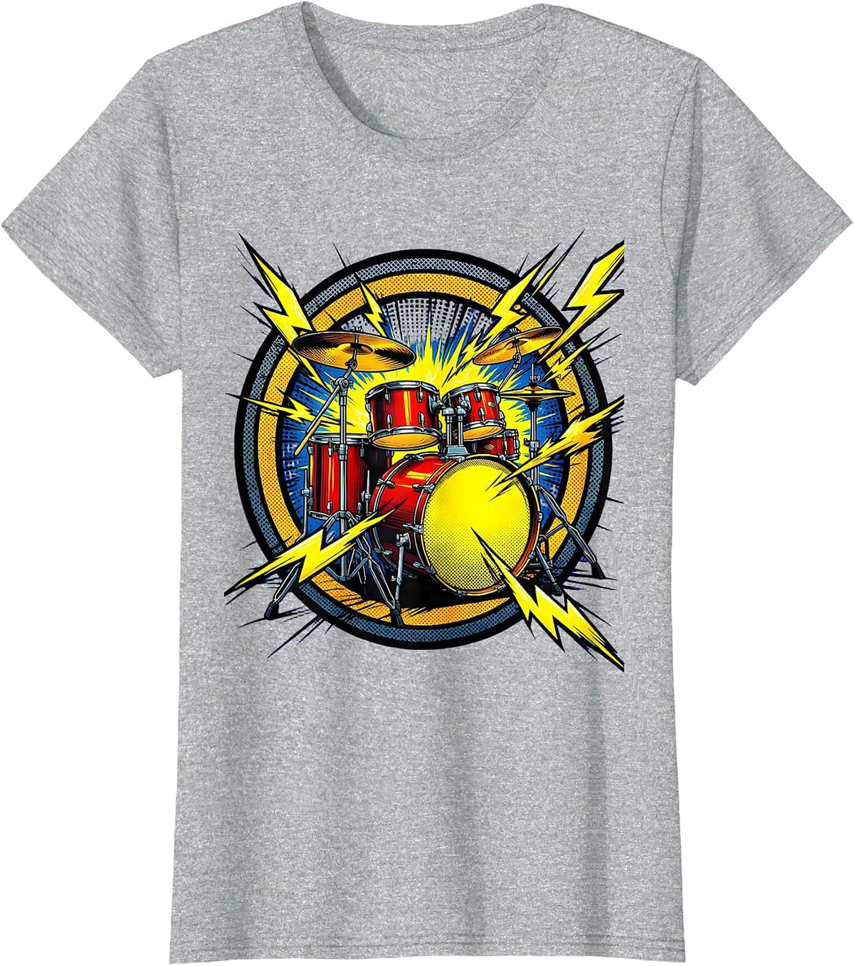 Women's 90s Band Drum Kit Lightning Bolt Illustration T-Shirt - Heather Grey