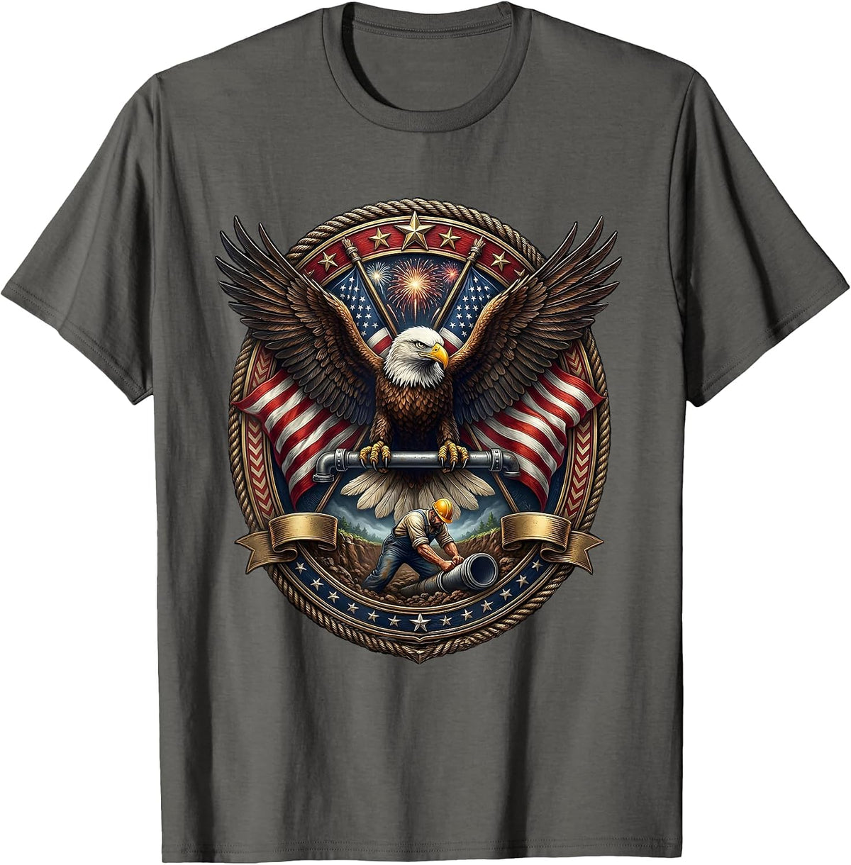 Labor Day Plumber Underground Trench Graphic T-Shirt - Asphalt Grey