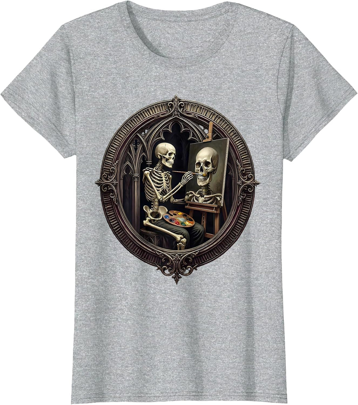 Skeleton Self-Portrait Painter Graphic Art T-Shirt - Heather Grey