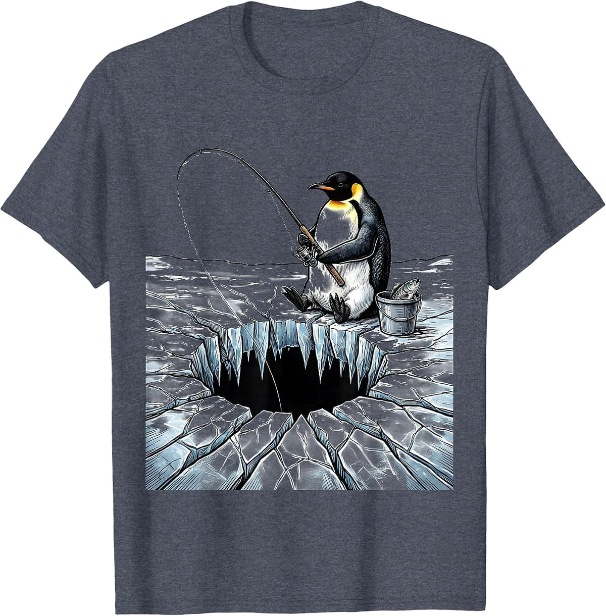 Penguin Ice Fishing Illustration Graphic T-Shirt - Heather Blue