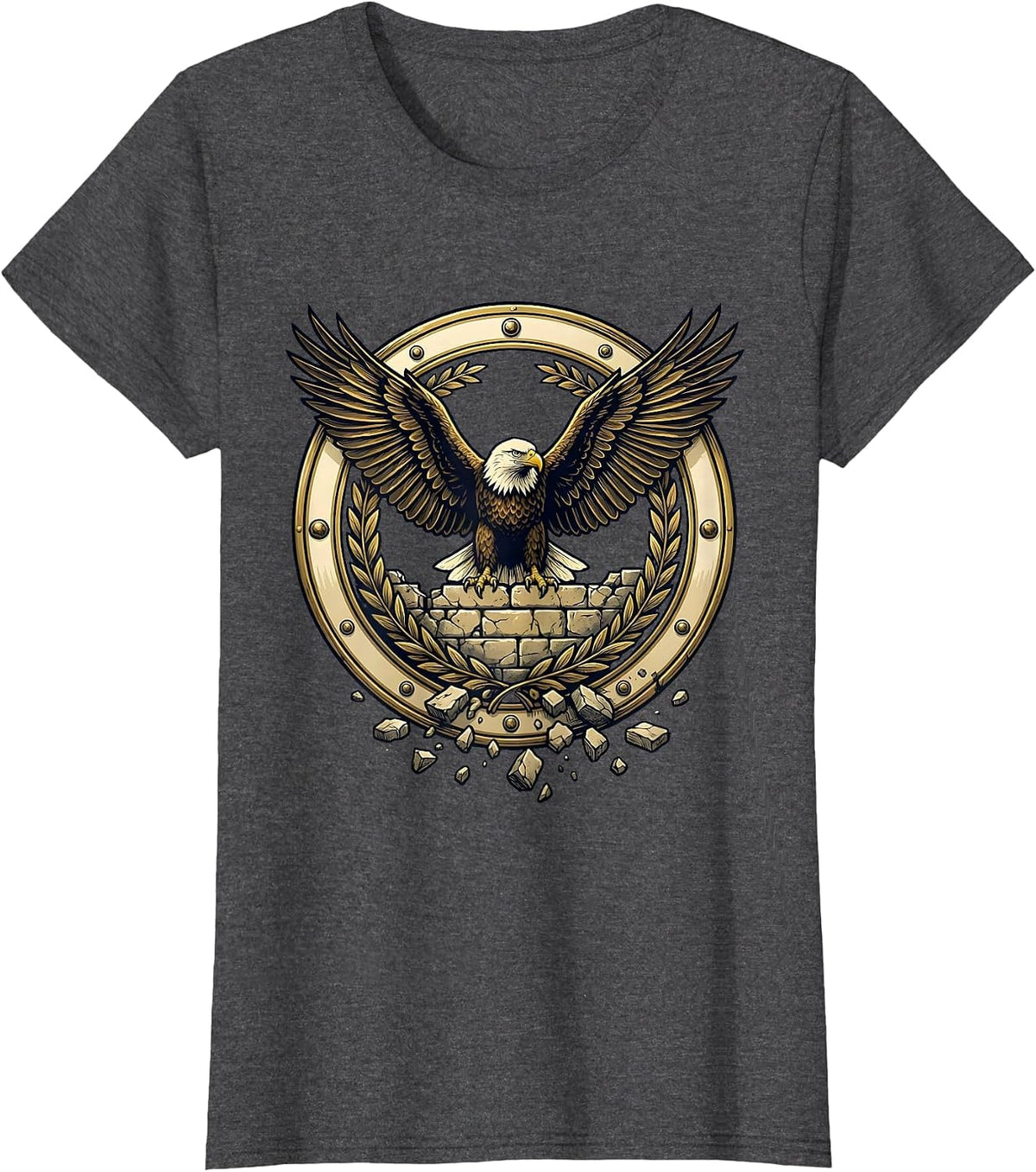 Women's Bald Eagle Perched on Crumbling Wall Patriotic Art T-Shirt - Dark Heather Grey