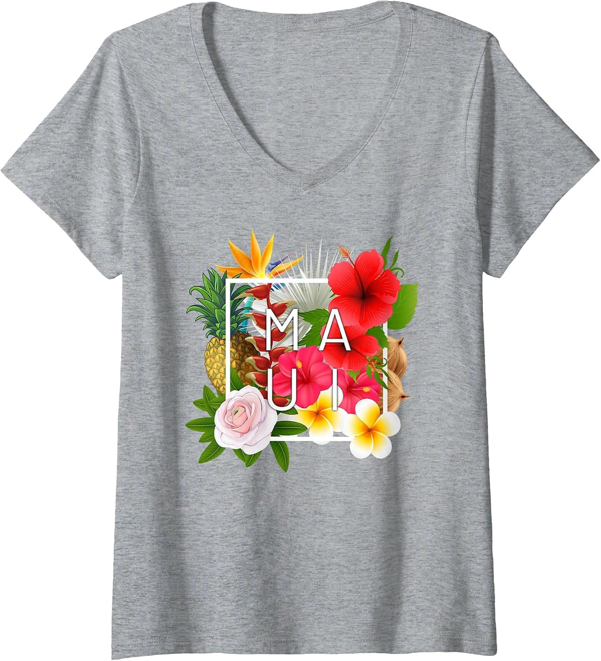 Women's Flowers of Maui Word Art - Hawaiian Island Souvenir V-Neck T-Shirt - Heather Grey