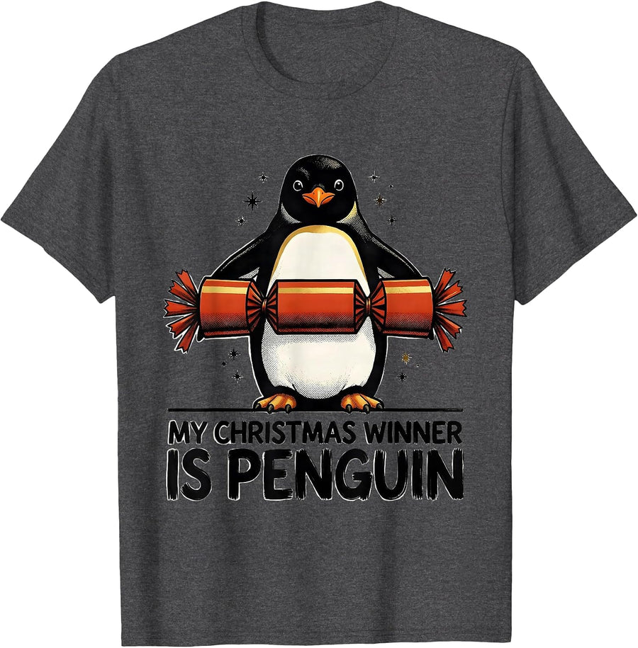 Men's My Christmas Winner Is Penguin Funny Penguin Lover Christmas T-Shirt - Dark Heather Grey