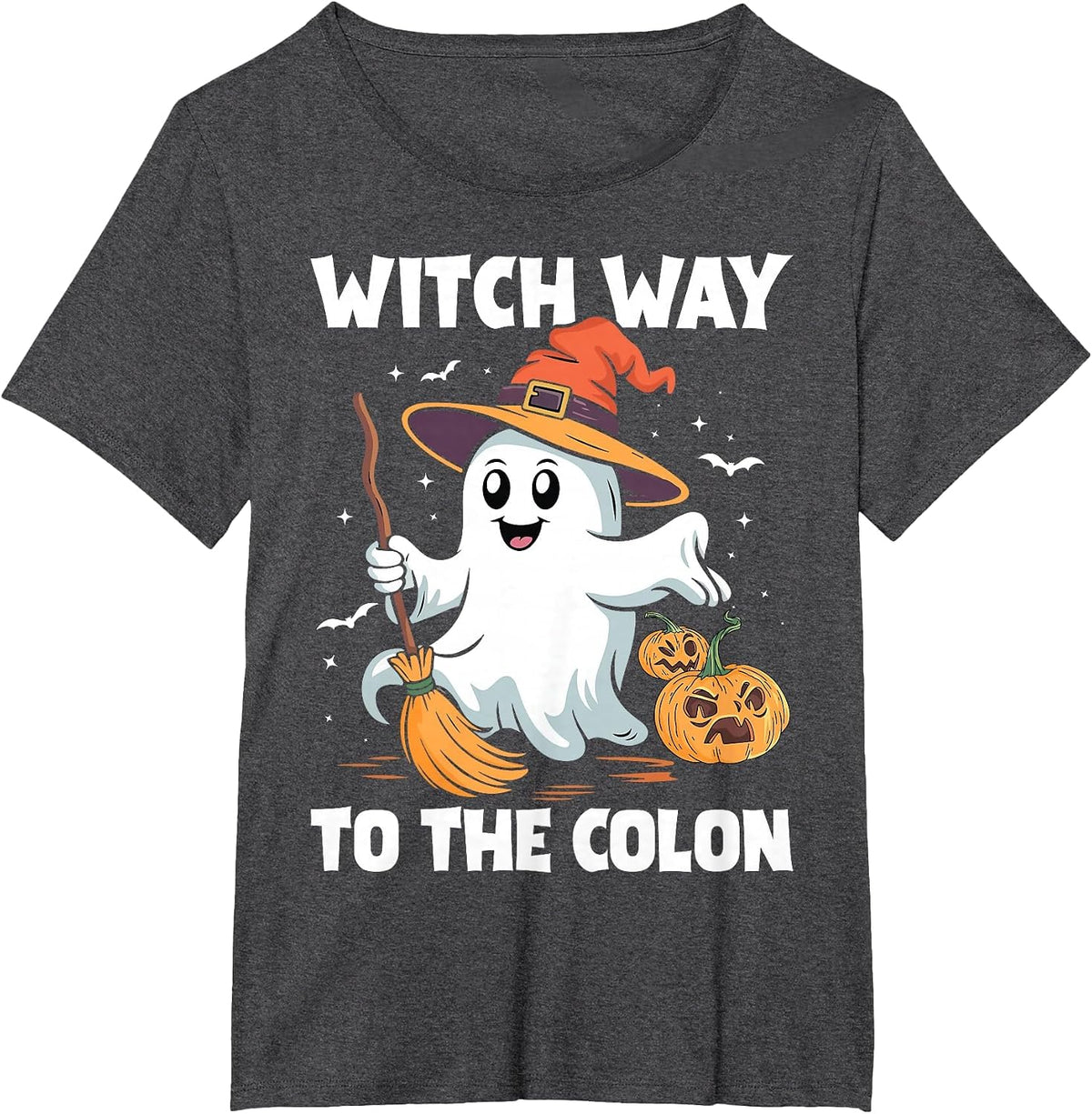 Witch Way to the Colon Cute Ghost Halloween Endoscopy Nurse T-Shirt - Dark Heather Grey