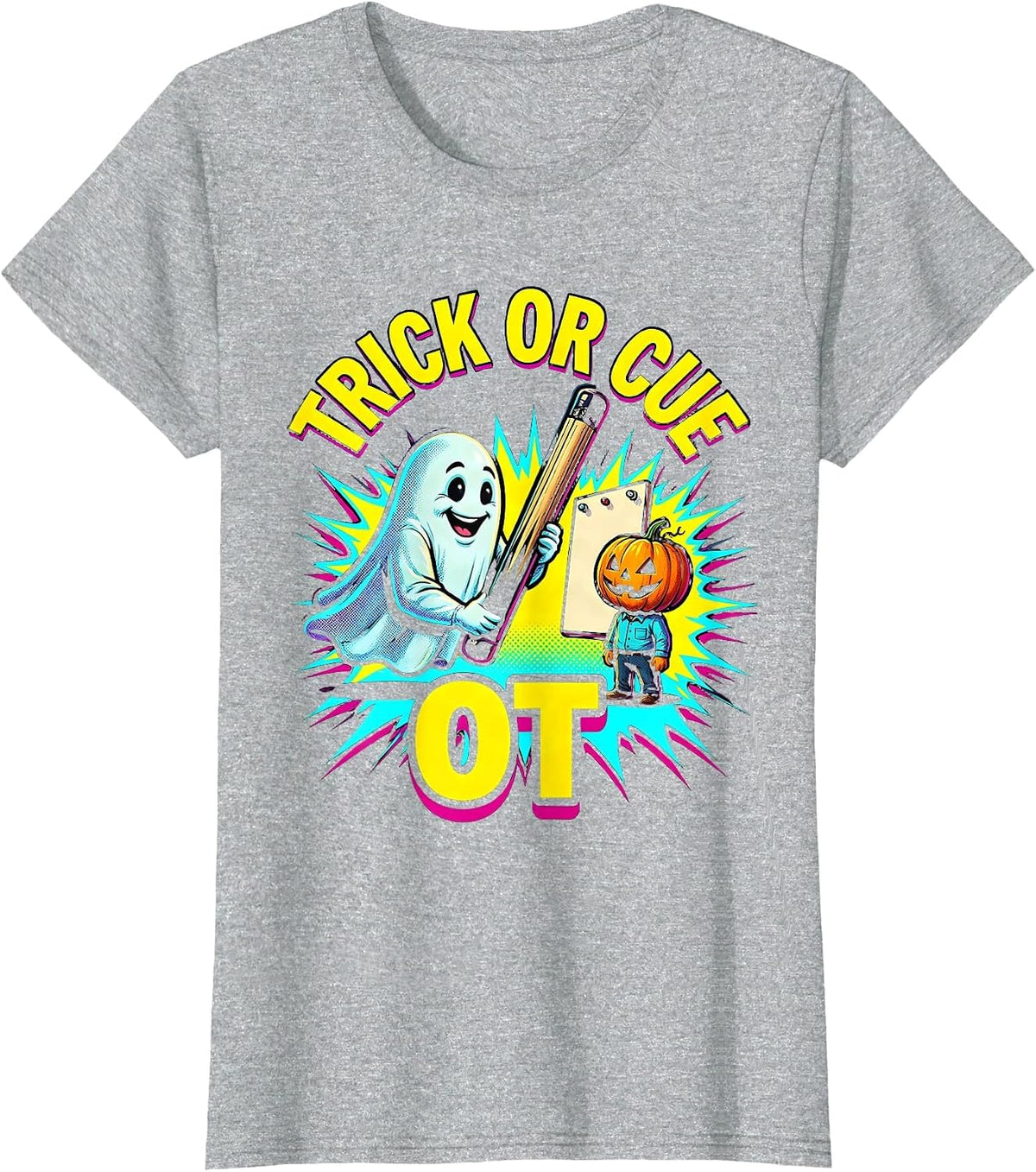 Women's Trick Or Cue OT Pop Art Occupational Therapist Halloween T-Shirt - Heather Grey