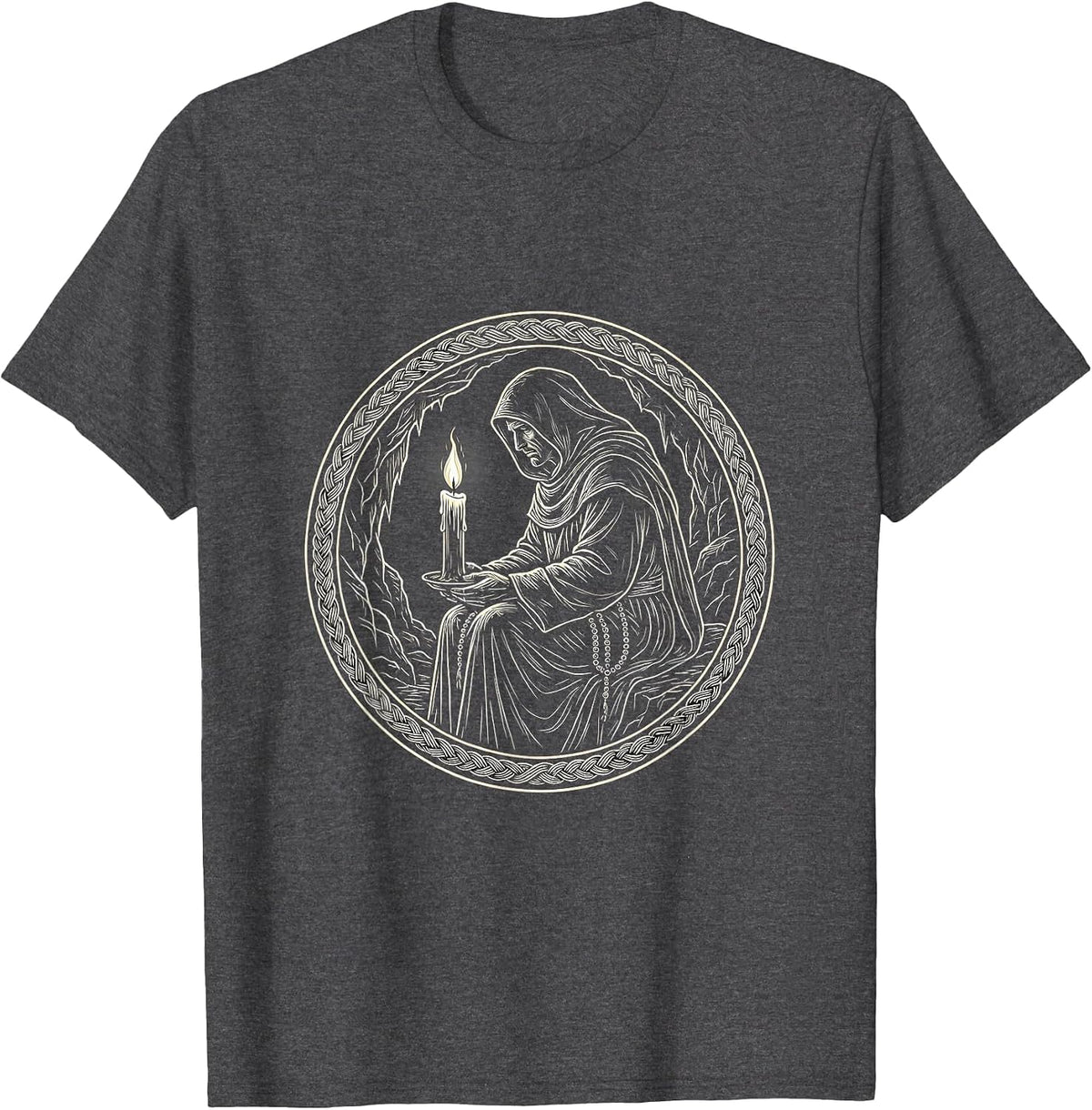 Hermit Monk Cave Candle Solitude Illustration T-Shirt - Dark Heather Grey