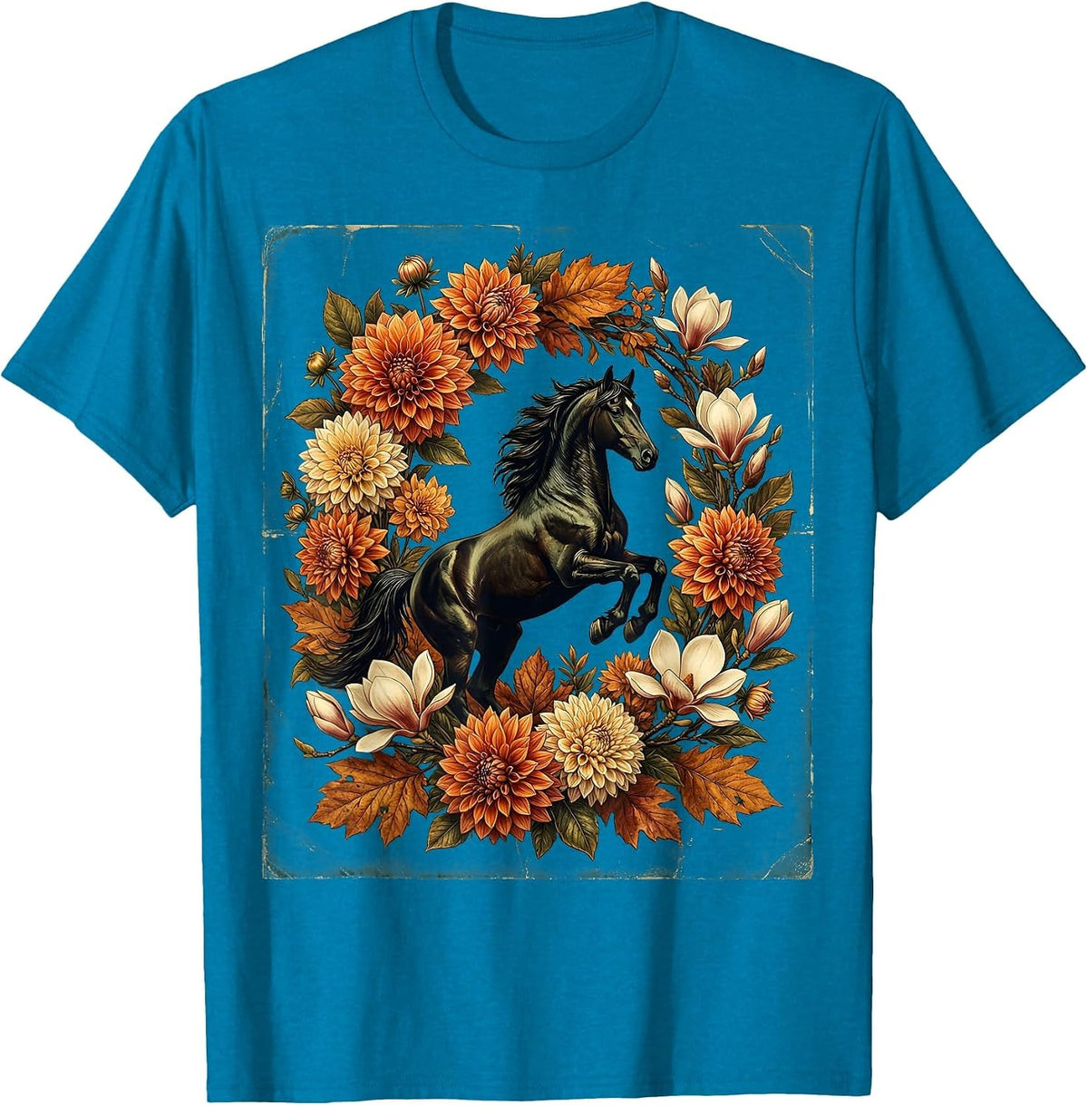 Floral Wreath Horse Silhouette Derby Design T-Shirt - Sapphire Blue