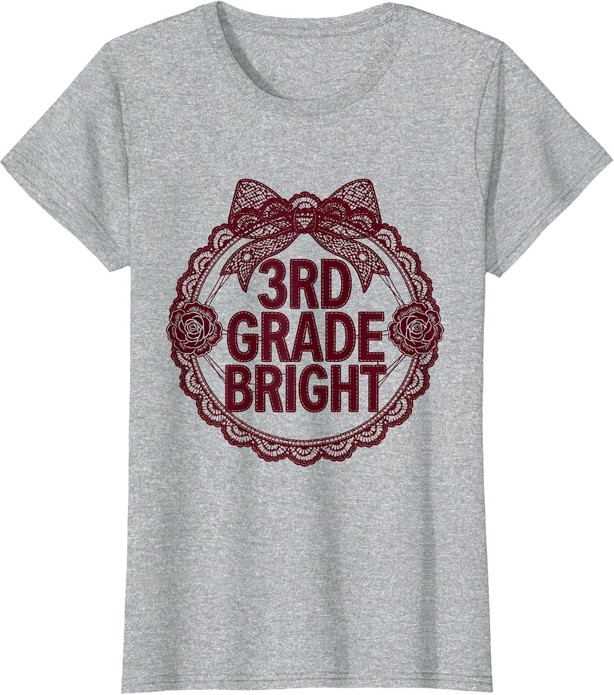 3rd Grade Bright Lace Cutwork Back to School Coquette Bow T-Shirt - Heather Grey