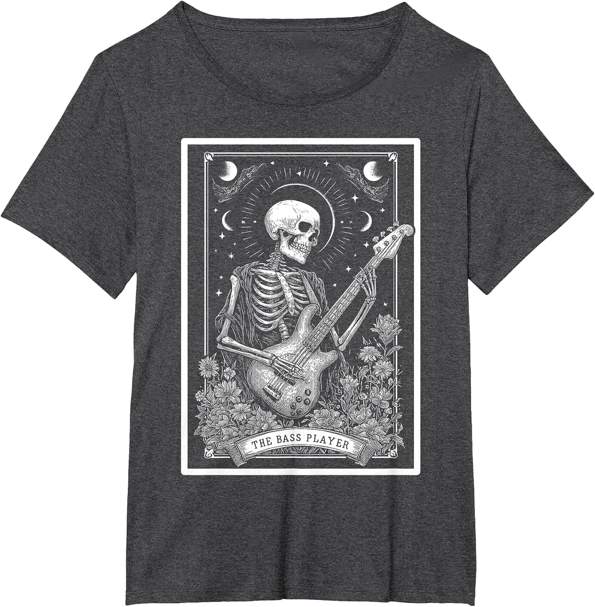 The Bass Player Bassist Guitarist Guitar Tarot Card Skeleton T-Shirt - Dark Heather Grey