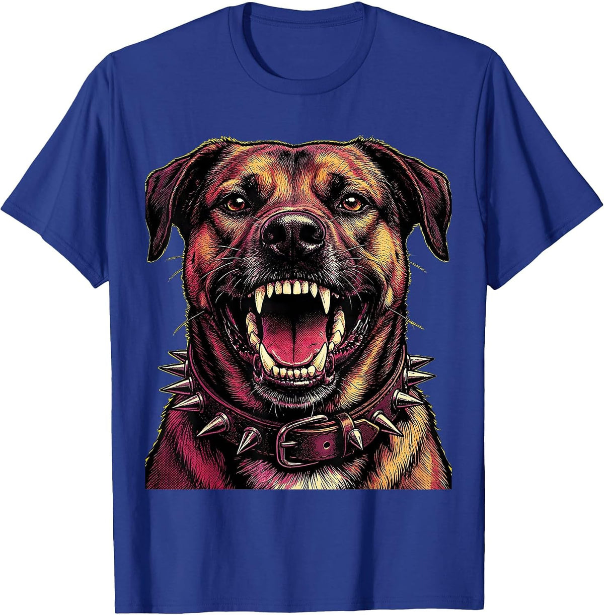Snarling Punk Dog Studded Collar Graphic Design T-Shirt - Royal Blue