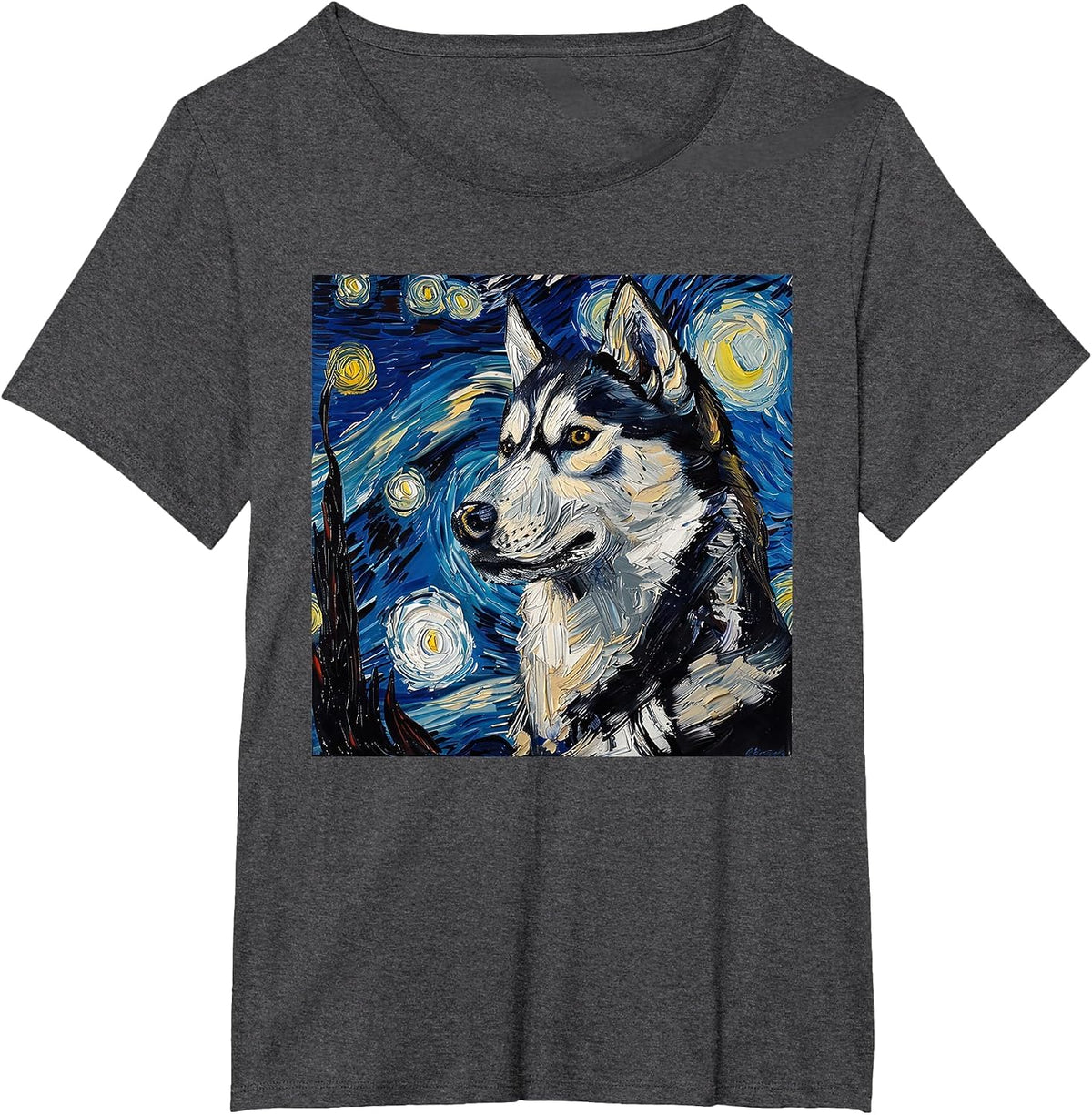 Siberian Husky Dog Van Gogh Starry Night T-Shirt - Dark Heather Grey