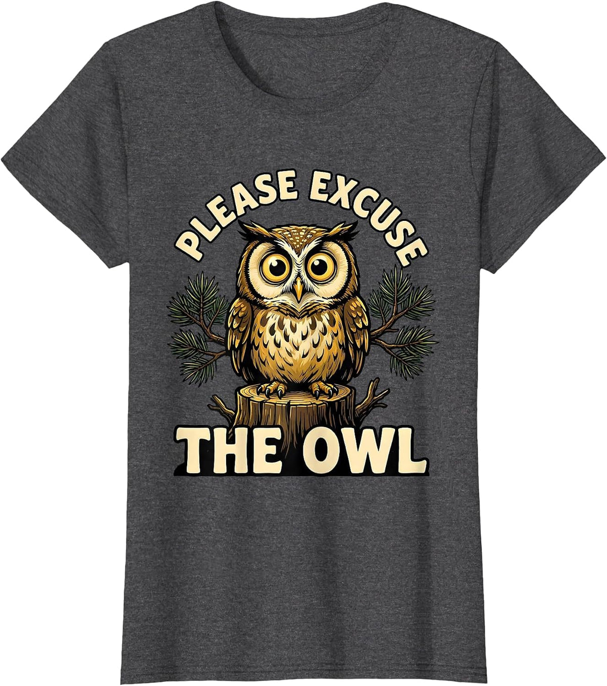 Women's Please Excuse the Owl Cartoon Nature Lover Camping Humor T-Shirt - Dark Heather Grey