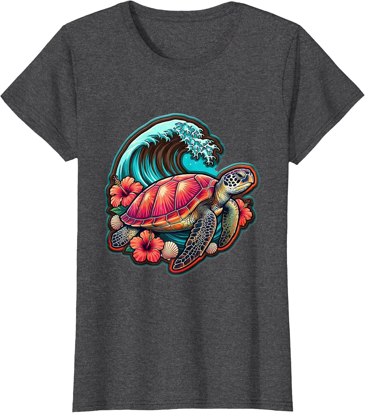 Women's Sea Turtle Under Breaking Wave Surf Design T-Shirt - Dark Heather Grey