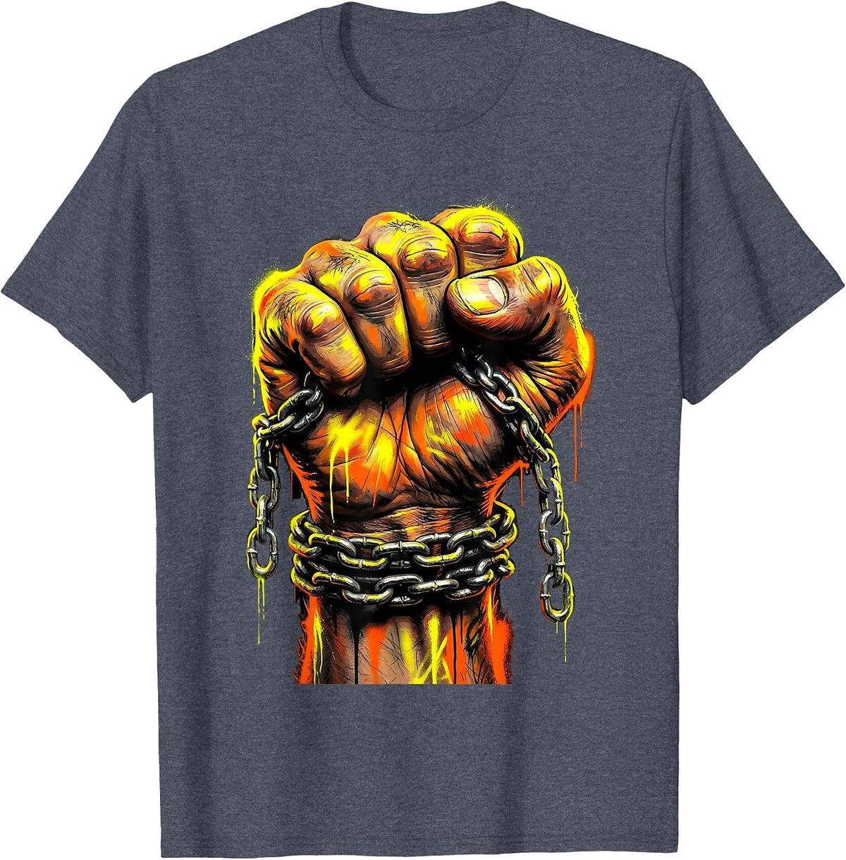 Punk Chain Fist Graphic - Rebellious Street Art T-Shirt - Heather Blue