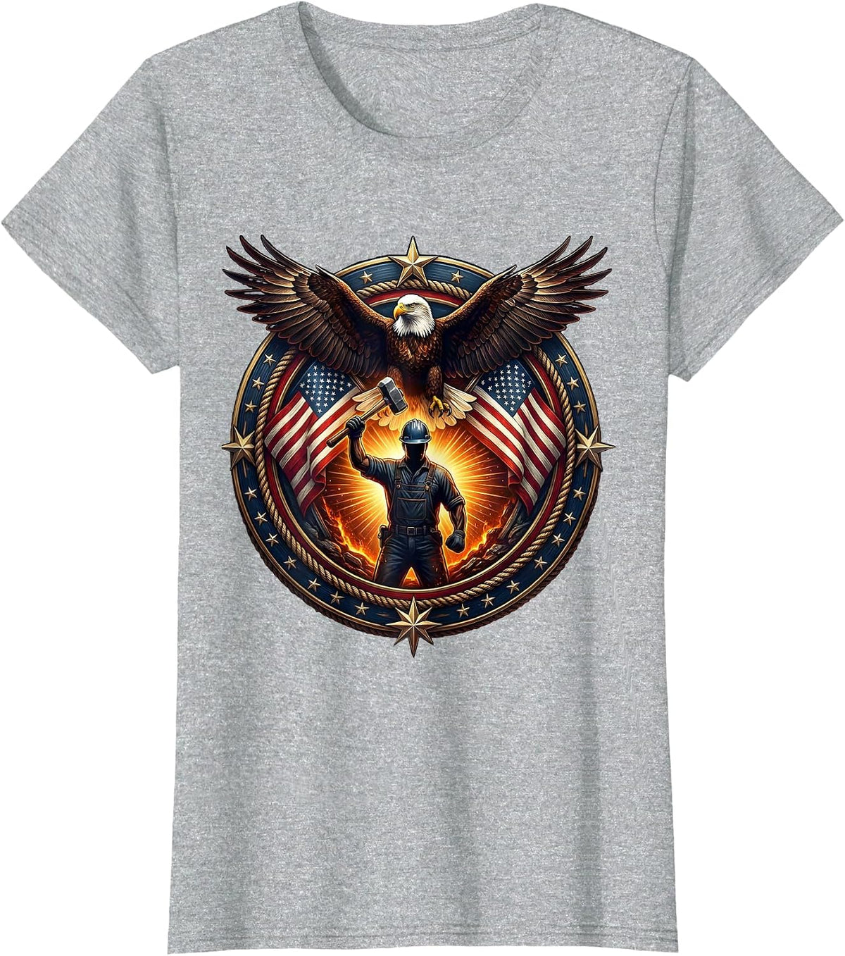 Women's Steel Worker Silhouette Molten Glow Patriotic Design T-Shirt - Heather Grey