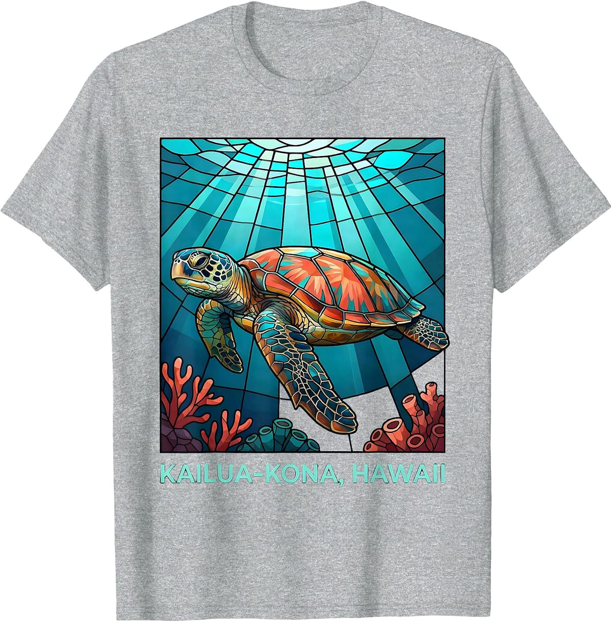 Men's Kailua-Kona, Hawaii Stained Glass Mosaic Sea Turtle Souvenir T-Shirt - Heather Grey