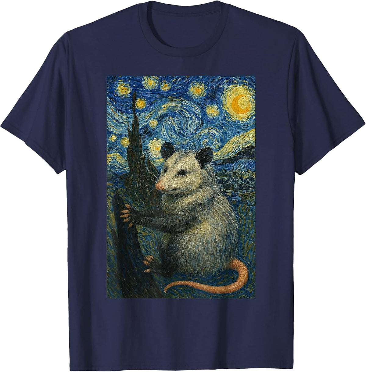 Possum Van Gogh Starry Night Style, Rodent Opossum Men Women T-Shirt - Navy Blue