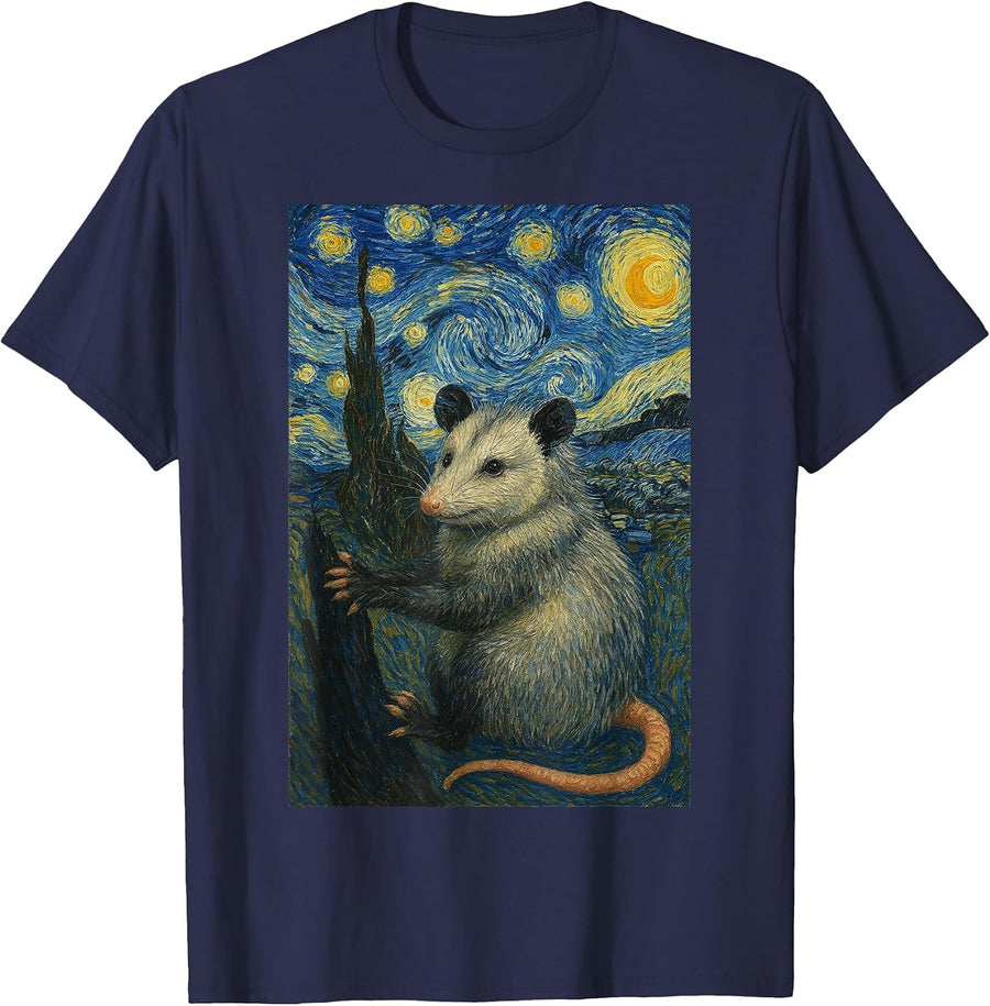 Possum Van Gogh Starry Night Style, Rodent Opossum Men Women T-Shirt - Navy Blue