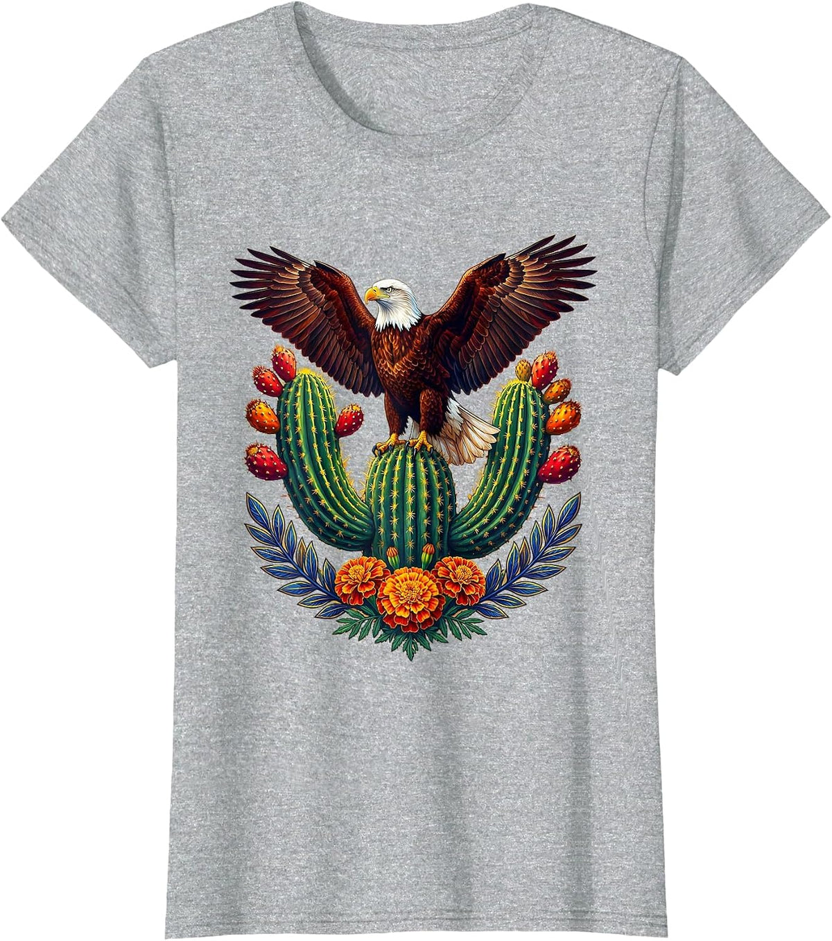 Mexican American Bald Eagle Nopal Cactus Design T-Shirt - Heather Grey