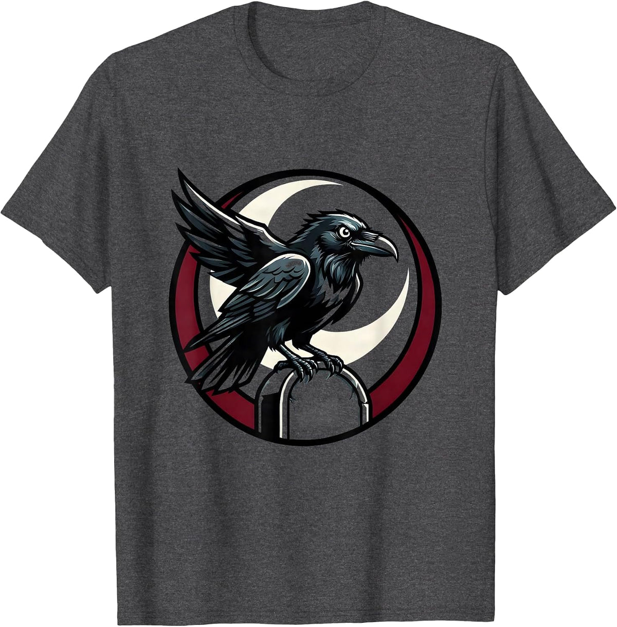 Raven on Gravestone Crescent Moon Gothic Art T-Shirt - Dark Heather Grey