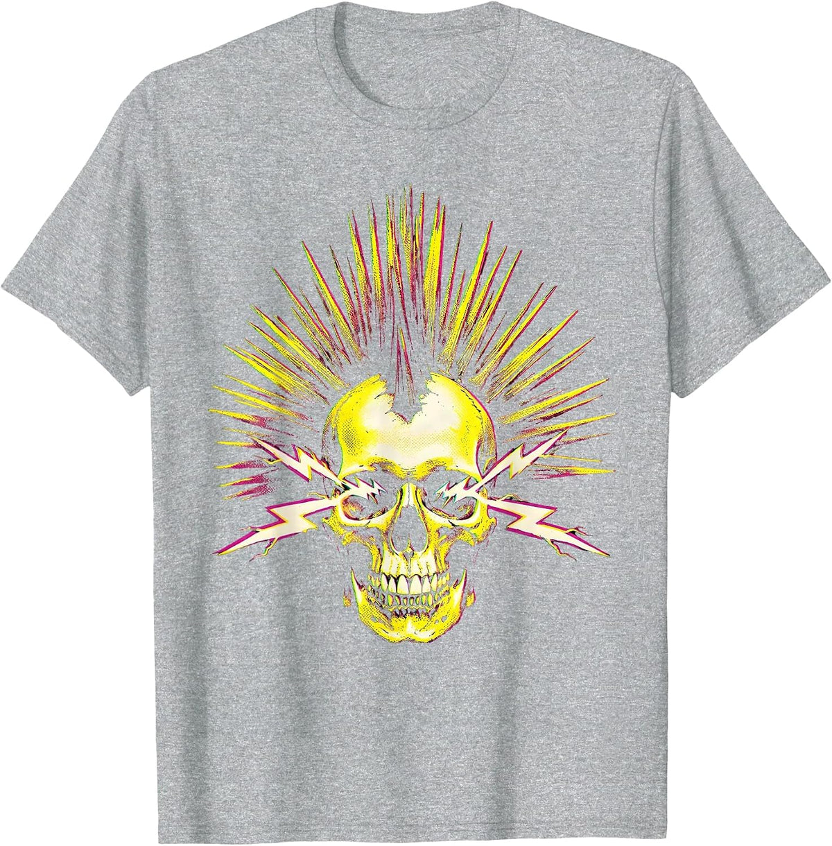 Men's Punk Mohawk Skull Lightning Bolt Eyes Design T-Shirt - Heather Grey