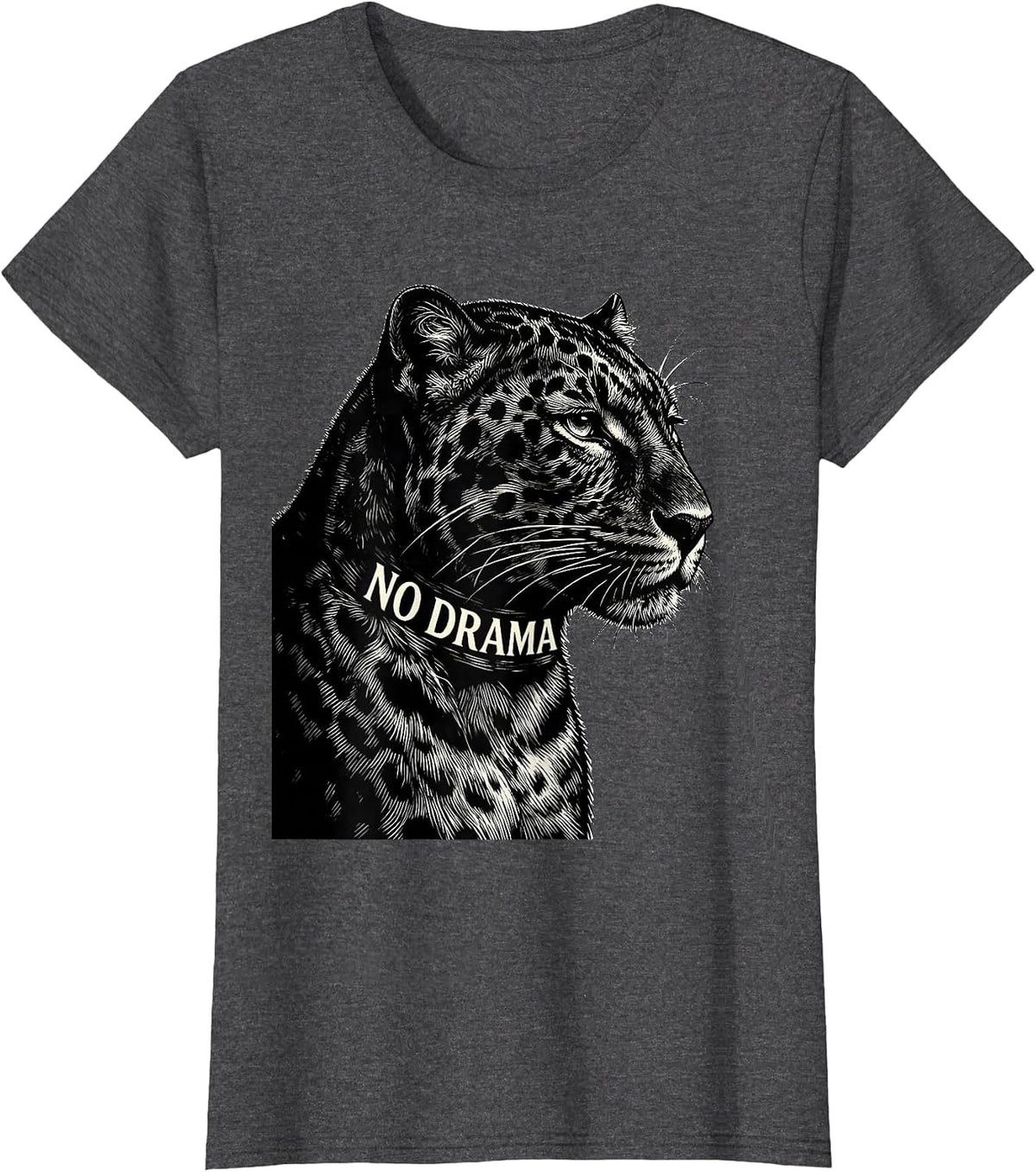 Women's No Drama Scratchboard Panther Portrait Glam Big Cat Animal T-Shirt - Dark Heather Grey