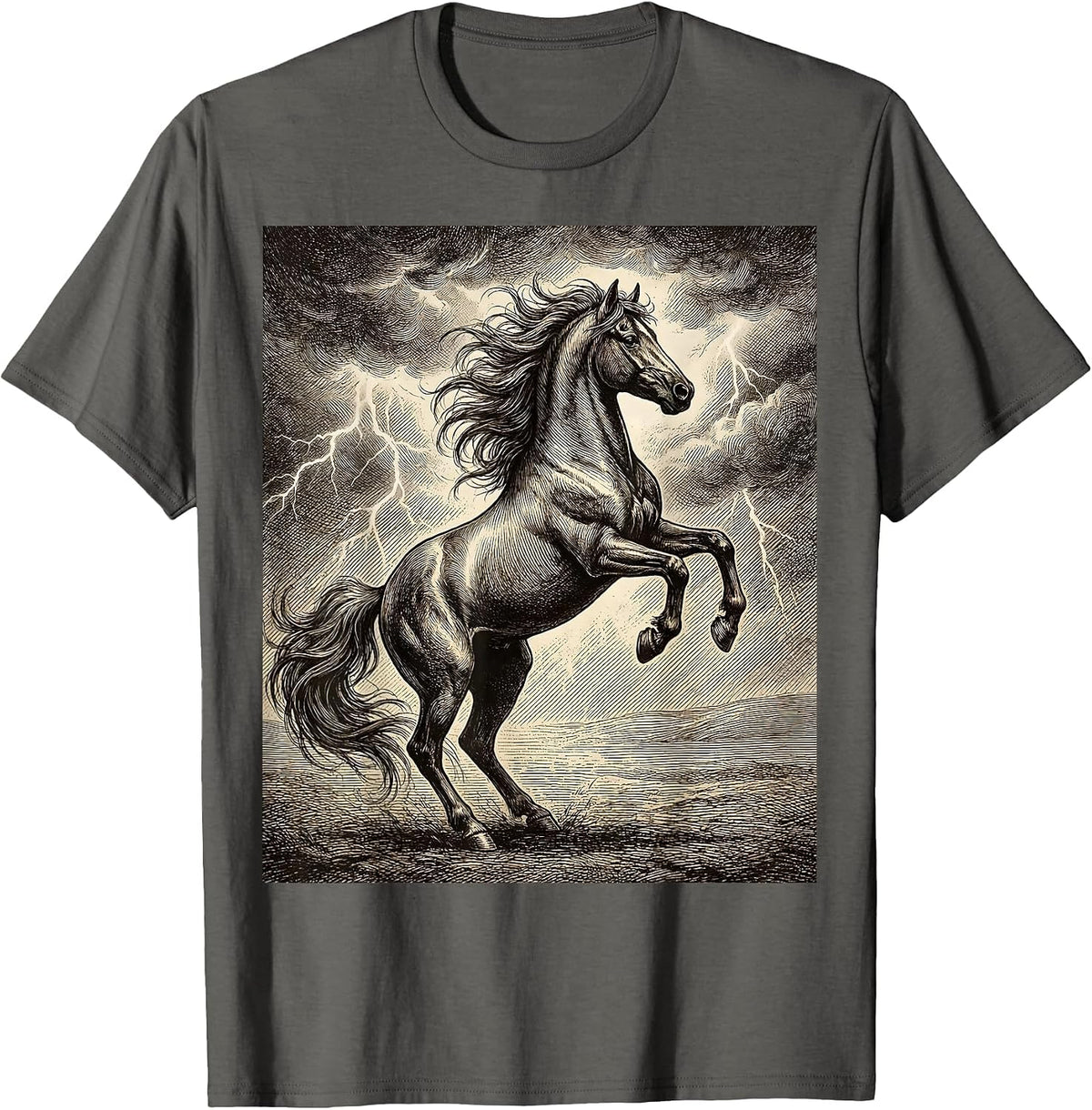 Wild Stallion Rearing Storm Sky Horse Graphic T-Shirt - Asphalt Grey