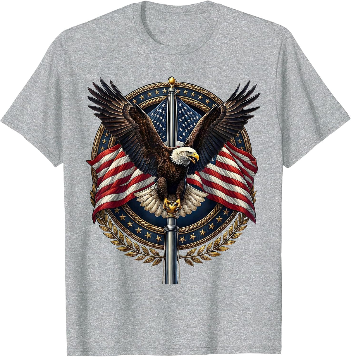 Men's Bald Eagle American Flag Pole Patriotic Design T-Shirt - Heather Grey