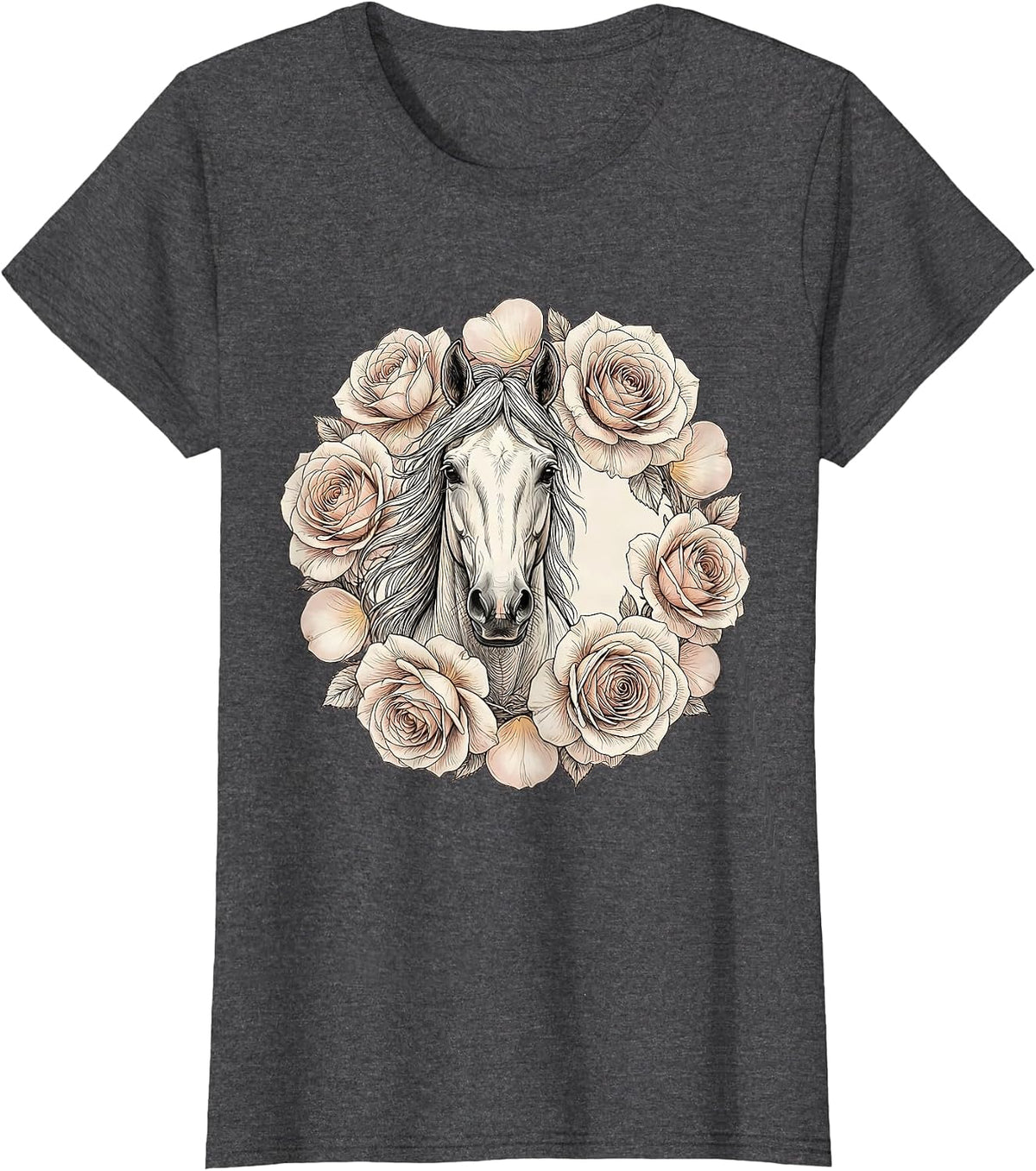 Women's Floral Derby Horse Portrait Blooming Roses T-Shirt - Dark Heather Grey