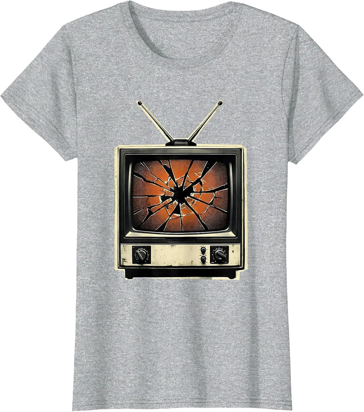 Grunge Smashed Vintage TV Static Illustration T-Shirt - Heather Grey