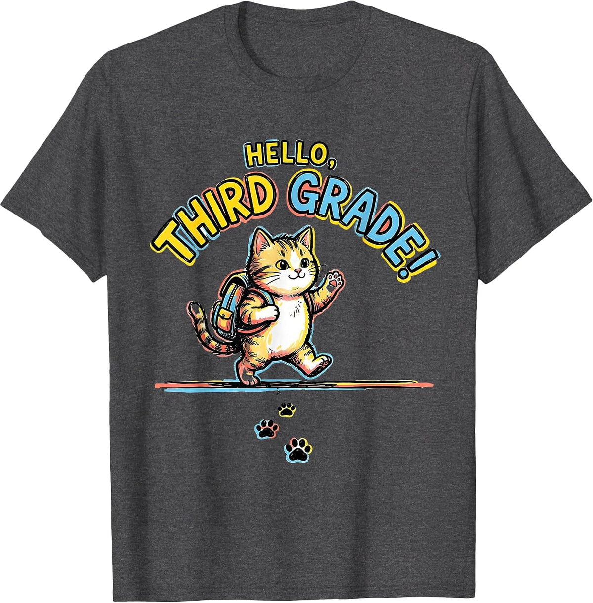 Hello, Third Grade! Cute Kitten Girls Back to School T-Shirt - Dark Heather Grey