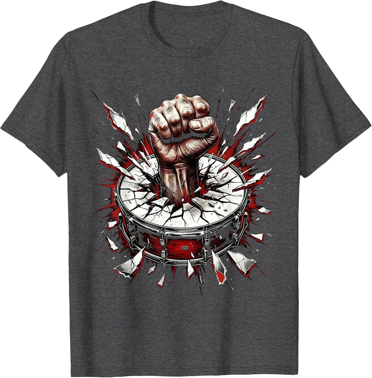 Fist Through Bass Drum Punk Rock Concert Graphic T-Shirt - Dark Heather Grey