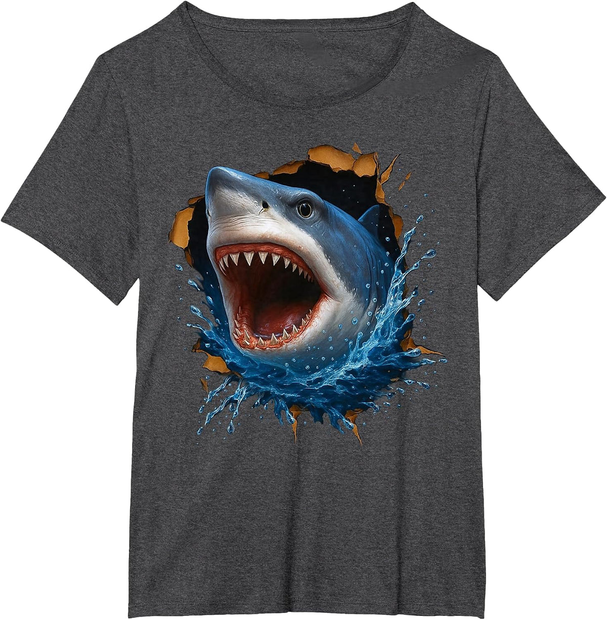 Great White Shark Torn Cloth Funny 3D Graphic T-Shirt - Dark Heather Grey
