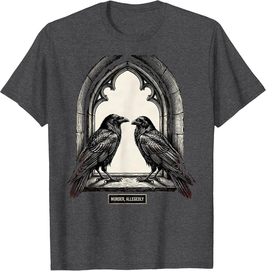 Men's Murder, Allegedly Gothic Crow Humor Literary Pun T-Shirt - Dark Heather Grey