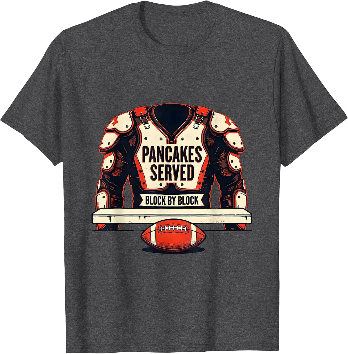 Men's Pancakes Served Block By Block Funny Football Lineman T-Shirt - Dark Heather Grey