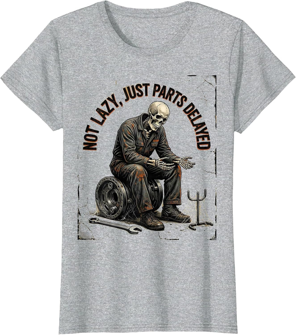 Not Lazy, Just Parts Delayed Funny Mechanic Skeleton Auto T-Shirt - Heather Grey