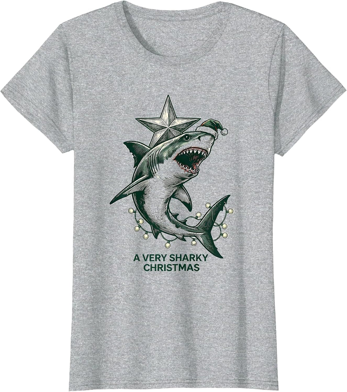 Women's A Very Sharky Christmas Funny Shark Santa Hat Holiday Lights T-Shirt - Heather Grey