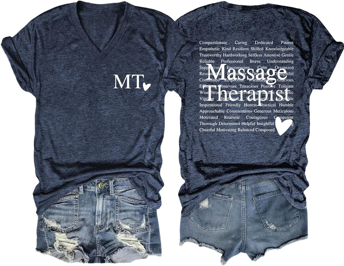 Massage Therapist Shirts for Women Summer V-Neck Short Sleeve Funny Letter Print Tees Massage Therapy Shirt - Navy