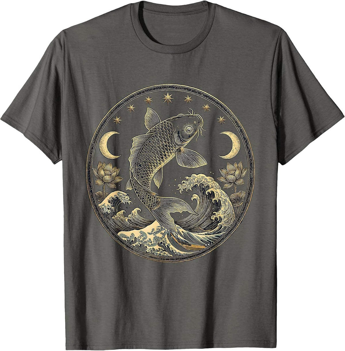 Men's Koi Fish Leaping Over Crashing Wave Japanese Art T-Shirt - Asphalt Grey