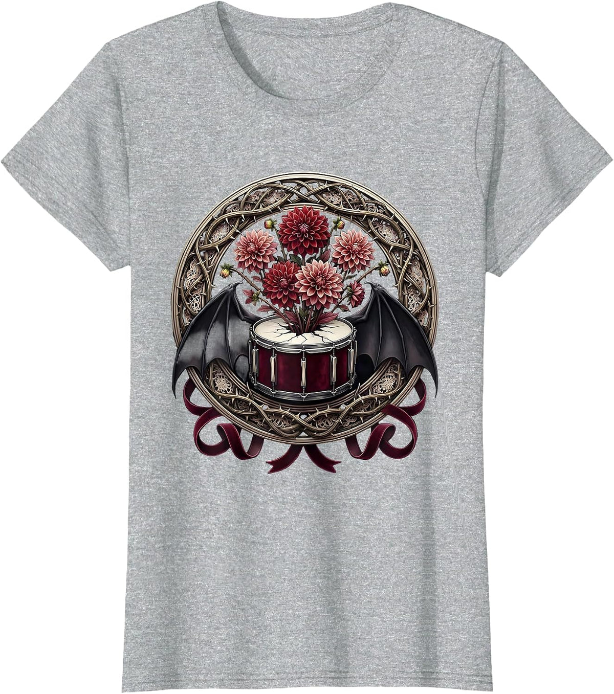 Dahlia Explosion Bass Drum Rock Floral Design T-Shirt - Heather Grey