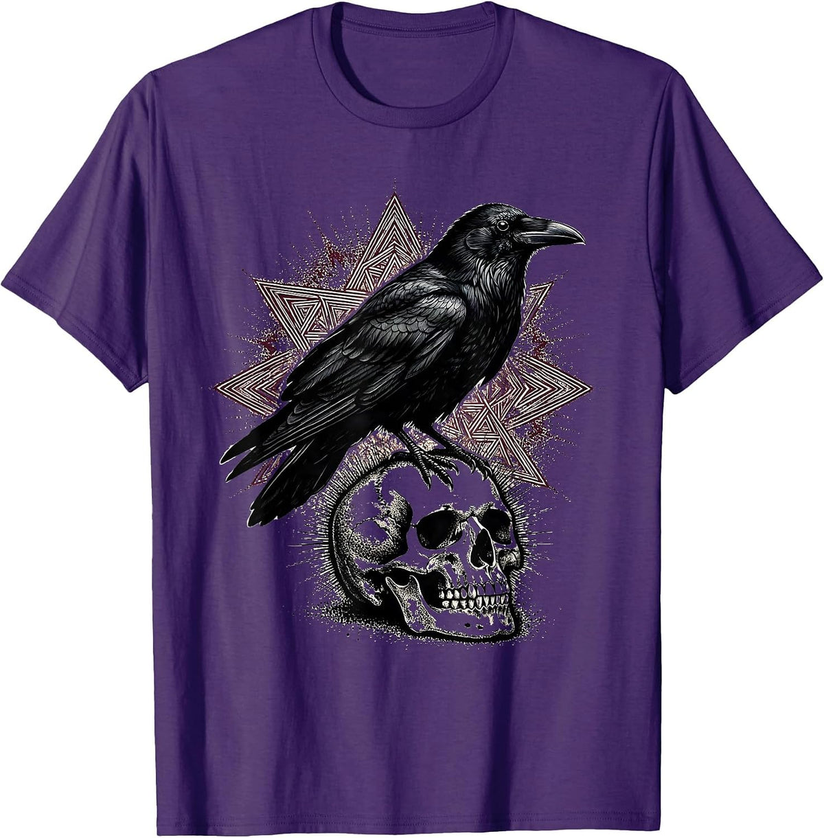 Men's Raven Perched on Mossy Skull Gothic Nature Art T-Shirt - Purple